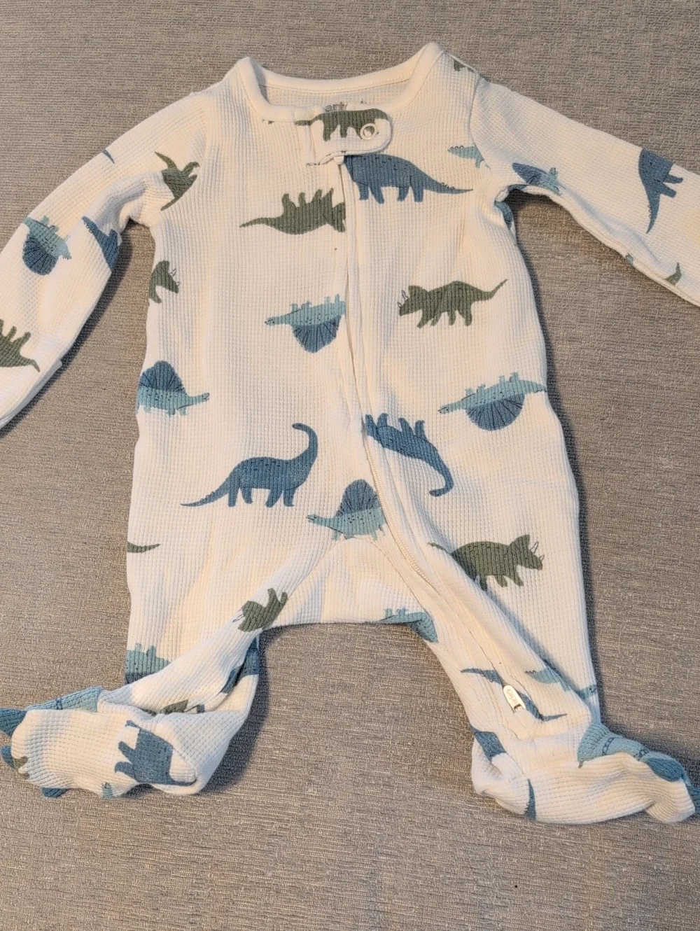 Baby One-Piece Footed Pajamas in White with Blue & Green Dinosaurs